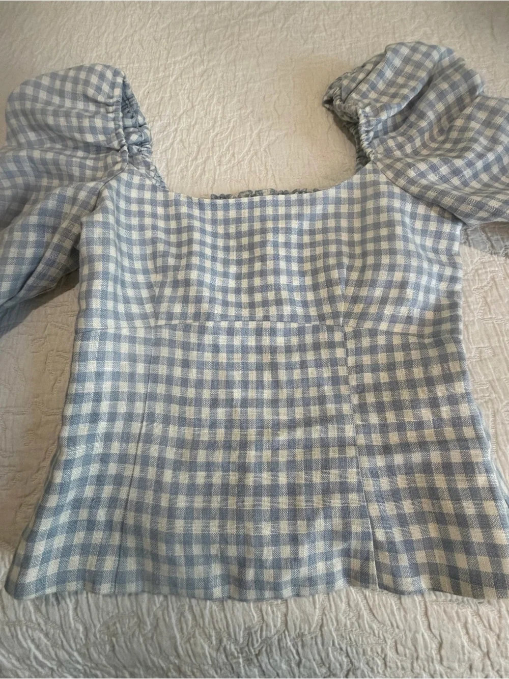 Reformation Light Blue Gingham Puff-Sleeve Square Neck Blouse